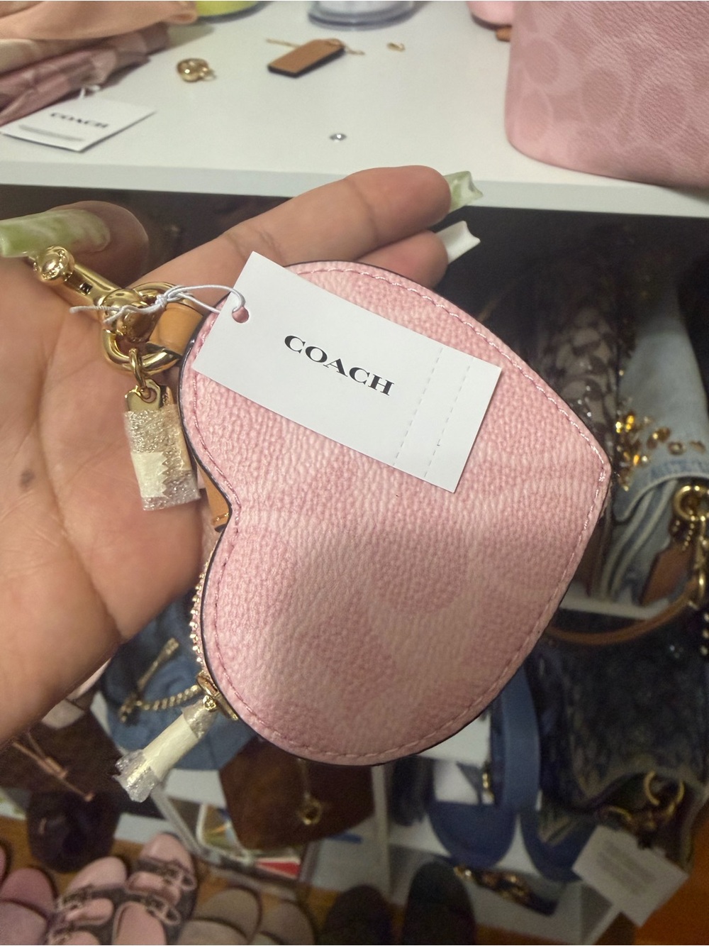 COACH Powder Pink Heart Zip Mini Coin Pouch with Gold Hardware